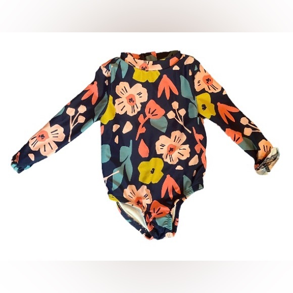 Carters long sleeve navy floral rash guard one piece swimsuit w/ zipper - Sz 12M - Picture 2 of 7